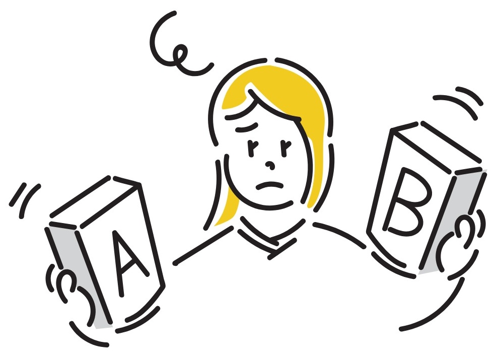 AとBの用紙サンプルを持って悩んでいる女性のイラスト
